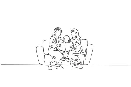 Single one line drawing young Arabian mom and dad reading a book together on sofa with their girl vector illustration. Happy Islam muslim family parenting concept. Continuous line graphic draw designのイラスト素材