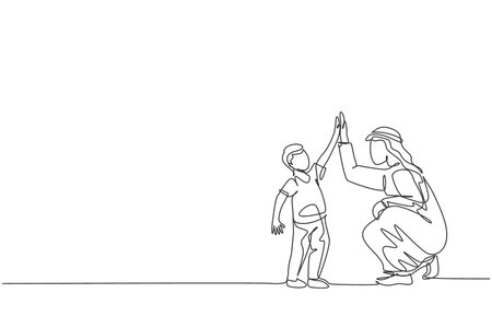 Single continuous line drawing of young Arabian boy give high five gesture to his dad, happy parenting. Islamic muslim family care, fatherhood concept. Trendy one line draw design vector illustrationのイラスト素材