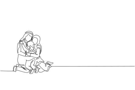 One single line drawing of young happy Arabian mother and father hugging their daughter girl on the floor vector illustration. Muslim happy family parenting concept. Modern continuous line draw designのイラスト素材