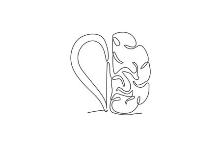 One continuous line drawing of half human brain half love heart shaped logo icon. Psychological affection logotype symbol template concept. Trendy single line draw design graphic vector illustrationのイラスト素材
