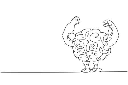 One single line drawing of strong human brain character logo identity. Smart fresh mind for fitness center icon logotype concept. Dynamic continuous line draw design vector graphic illustrationのイラスト素材