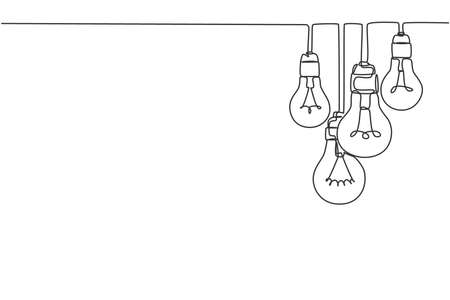 One continuous line drawing of hanging lightbulbs on house ceiling rooftop. Poster for wall decor interior design. Modern single line draw vector graphic illustrationのイラスト素材