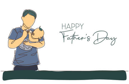 One single line drawing of young father feeding his baby full of care vector illustration. Happy father's day concept. Greeting card with typography. Modern continuous line draw designのイラスト素材