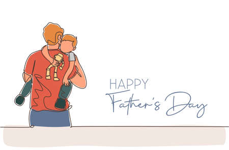 One single line drawing of young dad carrying his sleepy son hold robot toy vector illustration. Happy father's day concept. Greeting card with typography. Modern continuous line draw designのイラスト素材