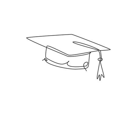 One continuous line drawing of graduation hat logo emblem. Study graduating cap logotype icon template concept. Trendy single line draw graphic design vector illustrationのイラスト素材