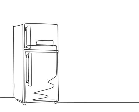 One single line drawing of luxury two door refrigerator home appliance. Electricity kitchenware tools concept. Dynamic continuous line graphic draw design illustrationのイラスト素材