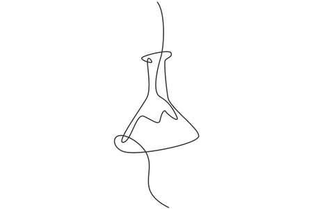Single continuous line drawing of flask glass for experiment liquid on laboratory. Back to school minimalist style. Education concept. Modern one line draw graphic design vector illustrationのイラスト素材