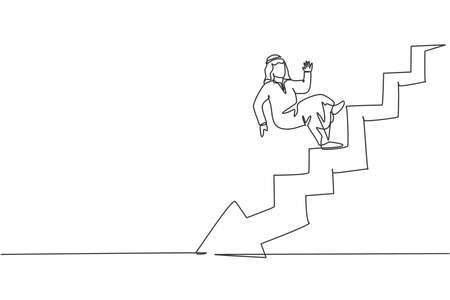 Single one line drawing of young Arabic businessman falling from stairs down to bankruptcy. Failure business strategy minimal concept. Modern continuous line draw design graphic vector illustrationのイラスト素材