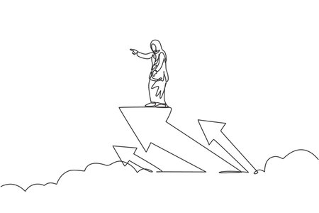 Single continuous line drawing of young beauty Arabian flying with arrow up symbol through sky. Professional businesswoman. Minimalism concept dynamic one line draw graphic design vector illustrationのイラスト素材
