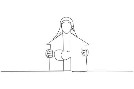 Continuous one line drawing of young Arabic female worker unite the puzzle into house building. Success business manager minimalist concept. Trendy single line draw design vector graphic illustrationのイラスト素材