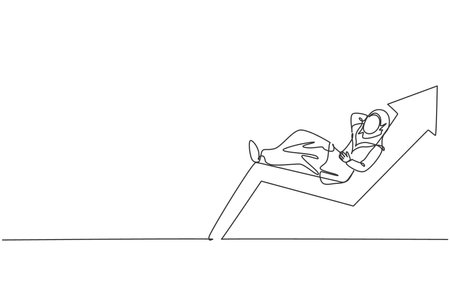 Continuous one line drawing of young Arabic female investor sleep relax on increase graph. Success business investment minimalist concept. Trendy single line draw design vector graphic illustrationのイラスト素材