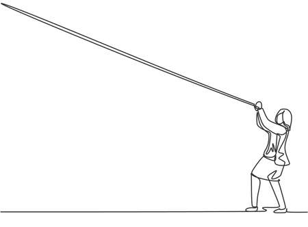 Single one line drawing of young business woman hanging on the rope to reach up his goals. Business challenge entrepreneur minimalist concept. Continuous line draw design graphic vector illustration.のイラスト素材
