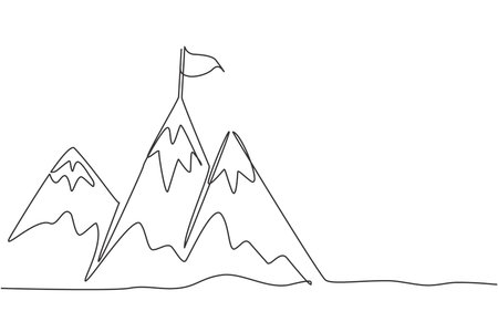 Single continuous line drawing mountains with target flag on the top. Reaching and climbing business goal on the hill top. Minimalism concept dynamic one line draw graphic design vector illustrationのイラスト素材