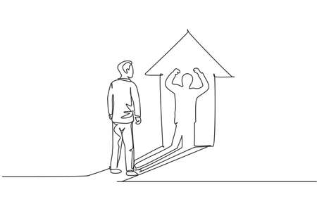 Single continuous line drawing of young worker pose standing and facing lifting hands up shadow. Professional businessman. Minimalism concept dynamic one line draw graphic design vector illustrationのイラスト素材
