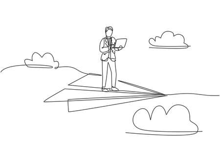 Single one line drawing of young smart business man holding laptop and flying with paper airplane. Business metaphor concept. Modern continuous line draw. Minimal design graphic vector illustrationのイラスト素材