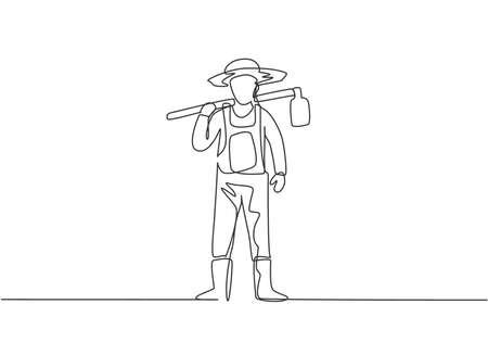 Single one line drawing of young male farmer carried hoes on his shoulders and ready to go to farm. Farming challenge minimalist concept. Modern continuous line draw design graphic vector illustrationのイラスト素材