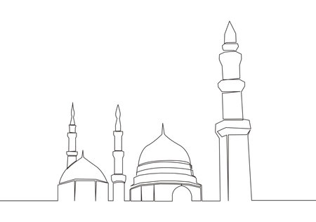One continuous line drawing of historical landmark dome mosque or Masjid An Nabawi. Ancient building works as a place of worship for muslim person concept single line draw design vector illustrationのイラスト素材