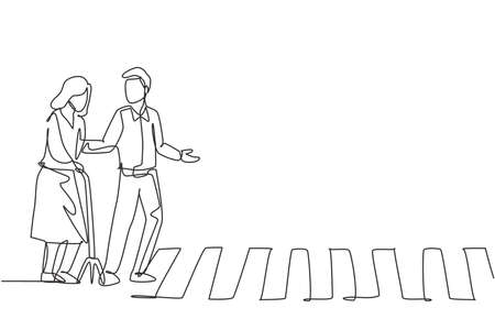 Continuous one line drawing a young man helps an old grandmother who uses a cane to cross the road on the zebra crossing. Good attitude on the road. Single line draw design vector graphic illustrationのイラスト素材