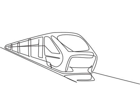 Single one line drawing of train seen from the front prepares to carry passengers quickly, safely and comfortably to their destination. Modern continuous line draw design graphic vector illustration.のイラスト素材