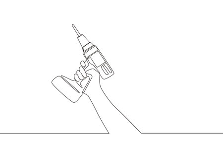 One continuous line drawing of man holding portable drill machine. Handyman tools concept. Single line draw vector design illustrationのイラスト素材