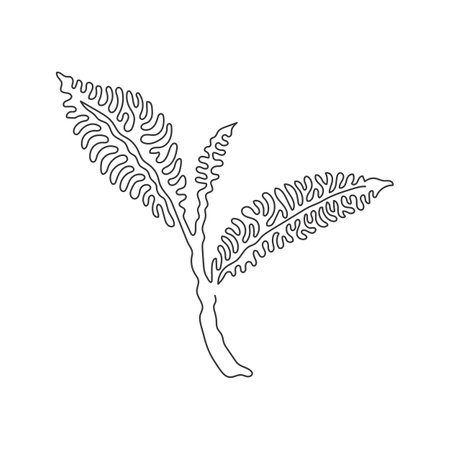 Single one line drawing whole healthy organic tea leaf for herbal drink logo identity. Fresh nature concept for tea plantation icon. Swirl curl style. Modern continuous line draw design graphic vectorのイラスト素材
