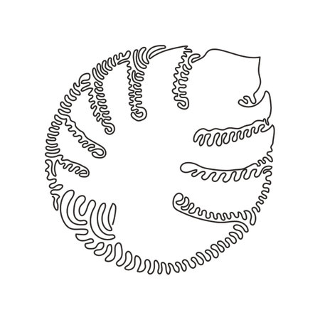 Continuous one line drawing exotic tropical leaf monstera plant. Printable decorative houseplant for home wall decor poster ornament. Swirl curl circle background style. Single line draw design vectorのイラスト素材