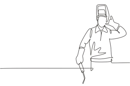 Single continuous line drawing welder with call me gesture works in the construction of building forming steel frame that is melted by fire. Dynamic one line draw graphic design vector illustrationのイラスト素材
