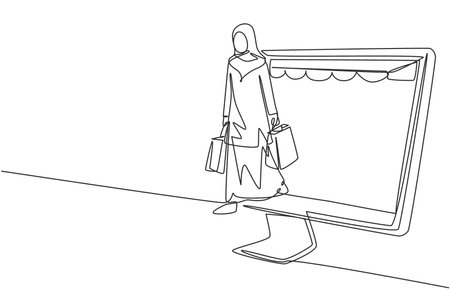 Single continuous line drawing Arab woman coming out of canopy monitor screen holding shopping bags. Digital lifestyle and consumerism concept. Dynamic one line draw graphic design vector illustrationのイラスト素材