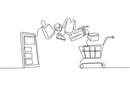 Continuous one line drawing smartphone and shopping cart with products purchased online. E-commerce and digital marketing. Order to cart concept. Single line draw design vector graphic illustrationのイラスト素材