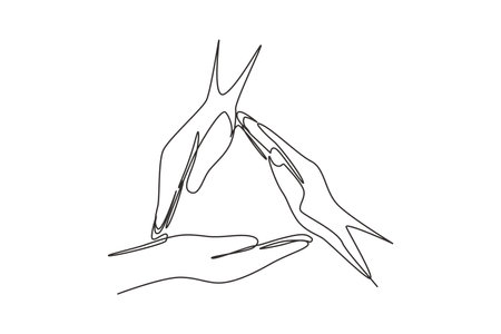 Single continuous line drawing three palm hands make triangle frame shape. Symbol of safety. Communication with hand gestures. Nonverbal signs. Dynamic one line draw graphic design vector illustrationのイラスト素材
