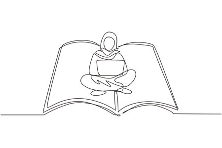Single continuous line drawing Arabian female with laptop sitting on open big book. Freelance, distance learning, online courses, and studying concept. One line draw graphic design vector illustrationのイラスト素材