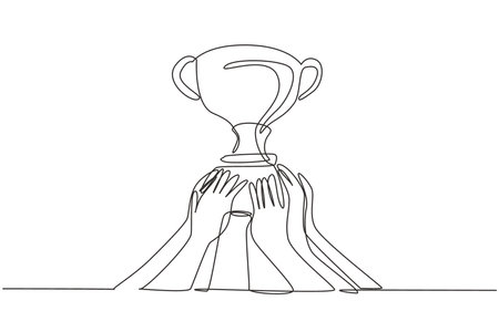 Continuous one line drawing golden trophy held by many hands. Symbol of winning championships, matches and sports competitions. Best achievement. Single line draw design vector graphic illustrationのイラスト素材