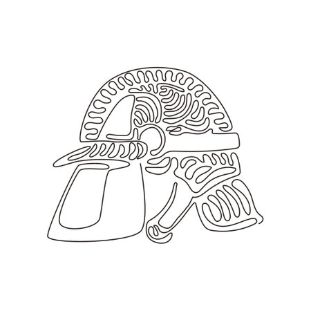 Single continuous line drawing red firefighter helmet with protective glass.  Equipment for firefighter or volunteer. Swirl curl style concept. Dynamic one line draw graphic design vector illustrationのイラスト素材