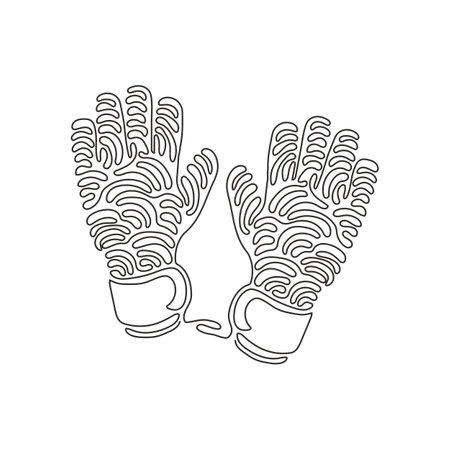 Single continuous line drawing Goalkeeper gloves. Goalkeeper protection gloves. Soccer goalkeepers gloves. Outdoor sport. Swirl curl style. Dynamic one line draw graphic design vector illustrationのイラスト素材