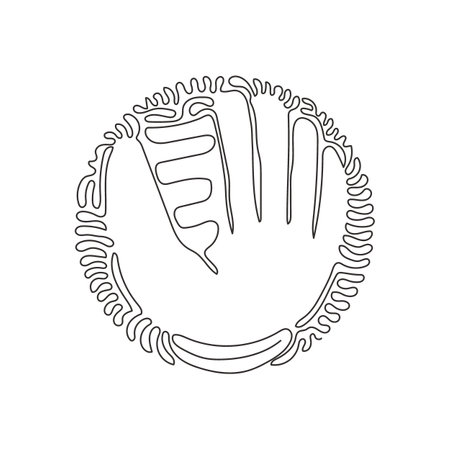 Continuous one line drawing baseball leather glove for championship promotion. Baseball tournament. Team sport league banner. Swirl curl circle background style. Single line draw design vector graphicのイラスト素材