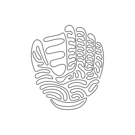 Continuous one line drawing baseball leather glove for championship promotion. Baseball tournament. Team sport league banner. Swirl curl style. Single line draw design vector graphic illustrationのイラスト素材
