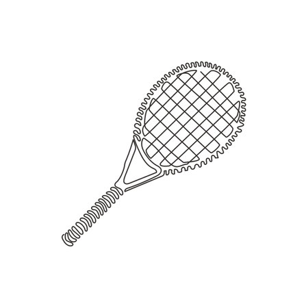 Continuous one line drawing tennis racket, tennis gear for game. Tennis court sport. Tennis as sport, hobby, classes. Outdoor activity. Swirl curl style. Single line design vector graphic illustrationのイラスト素材