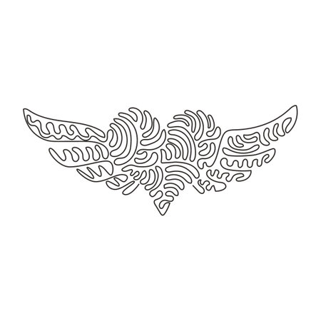 Single continuous line drawing heart with open wings holiday romantic decoration logo vector image. Swirl curl style. Dynamic one line draw graphic design vector illustrationのイラスト素材