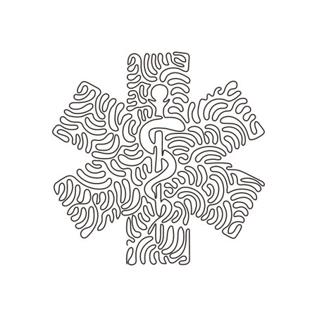 Single continuous line drawing medical snake health symbol. Medicine system and health care concept. Medical icon. Medicine logo. Swirl curl style. One line draw graphic design vector illustrationのイラスト素材