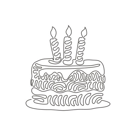 Single continuous line drawing birthday cake with three candles burning. Tasty dessert main dish of...