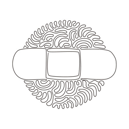Single continuous line drawing adhesive bandage elastic medical plasters. Illustration of medical plaster, elastic bandage patch. Swirl curl circle background style. One line graphic design vectorのイラスト素材