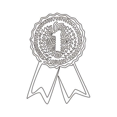 Single continuous line drawing gold medal, winner award. Circle awards with ribbons and numbers one icon. Achievement symbol. Swirl curl style. Dynamic one line draw graphic design vector illustrationのイラスト素材