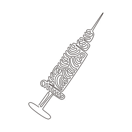 Single continuous line drawing injection syringe line icon. Injection medical logo. Vaccine and medicine symbol. Swirl curl style concept. Dynamic one line draw graphic design vector illustrationのイラスト素材