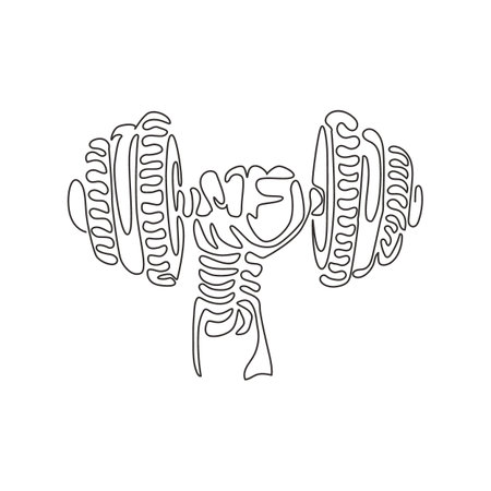Continuous one line drawing athletic sportsman arm holding dumbbell. Fitness workout. Barbell and strong hand fist. Swirl curl style. Power lifting. Single line draw design vector graphic illustrationのイラスト素材