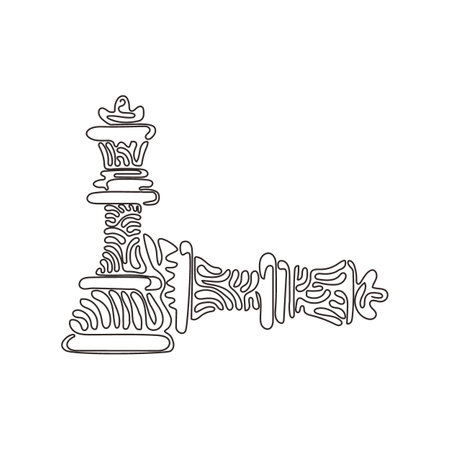 Single one line drawing figures of wooden chess on chessboard. King, queen of opposing team's. Composition for tourney. Swirl curl style. Modern continuous line draw design graphic vector illustrationのイラスト素材