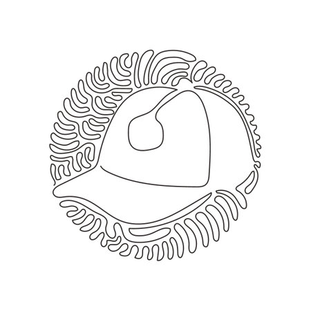 Continuous one line drawing White Baseball Cap as a sports symbol. Unisex Outdoor Sport Baseball, Golf, Tennis, Uniform Cap Hat. Swirl curl circle background style. Single line draw design vectorのイラスト素材