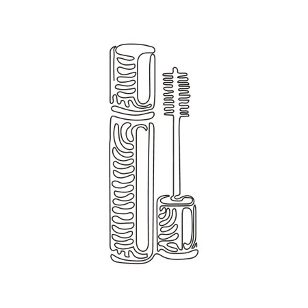Continuous one line drawing black mascara bottle. Brush and mascara tube. Fashionable cosmetics makeup design for eyes. Swirl curl style concept. Single line draw design vector graphic illustrationのイラスト素材