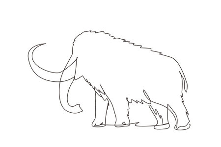 Single one line drawing big mammoth business logo identity. Prehistoric animal from ice age. Strong animal mascot for zoo, tusks, elephant species. Modern continuous line draw design graphic vectorのイラスト素材