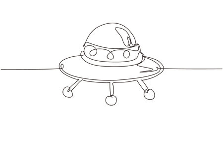 Single continuous line drawing UFO plane toys icon. UFO design concept from Astronomy collection. Cute astronauts flying on UFO spaceship. Dynamic one line draw graphic design vector illustrationのイラスト素材
