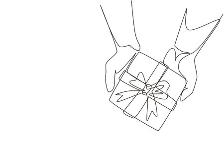 Single continuous line drawing man's hands holding kraft gift box tied with ribbon. Top view, holiday concept. Birthday greeting cards design. Dynamic one line draw graphic design vector illustrationのイラスト素材